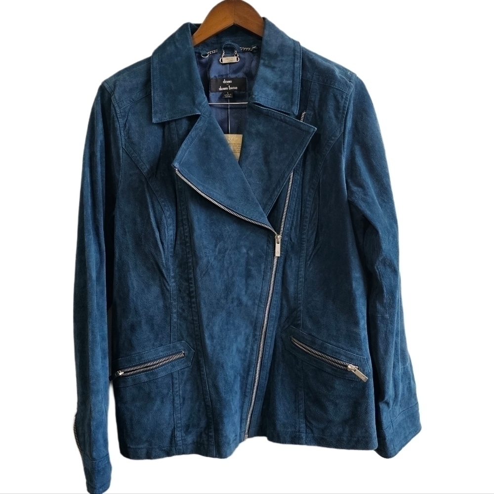 Teal blue leather suede lined full zip jacket nwt